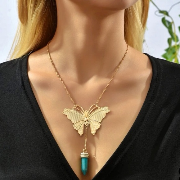 💥3for$28  New Golden Butterfly & Turquoise Marbled Crystal Charm Necklace - Picture 3 of 14